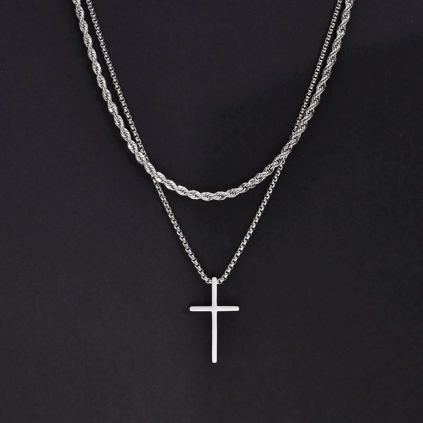 KIMLUD, Vnox Mens Cross Necklaces, Stainless Steel Layered Plain Cross Pendant, Rope Box Chain Necklace, Simple Prayer Jesus Collar, NC-1035S NC-039-55S, KIMLUD Women's Clothes