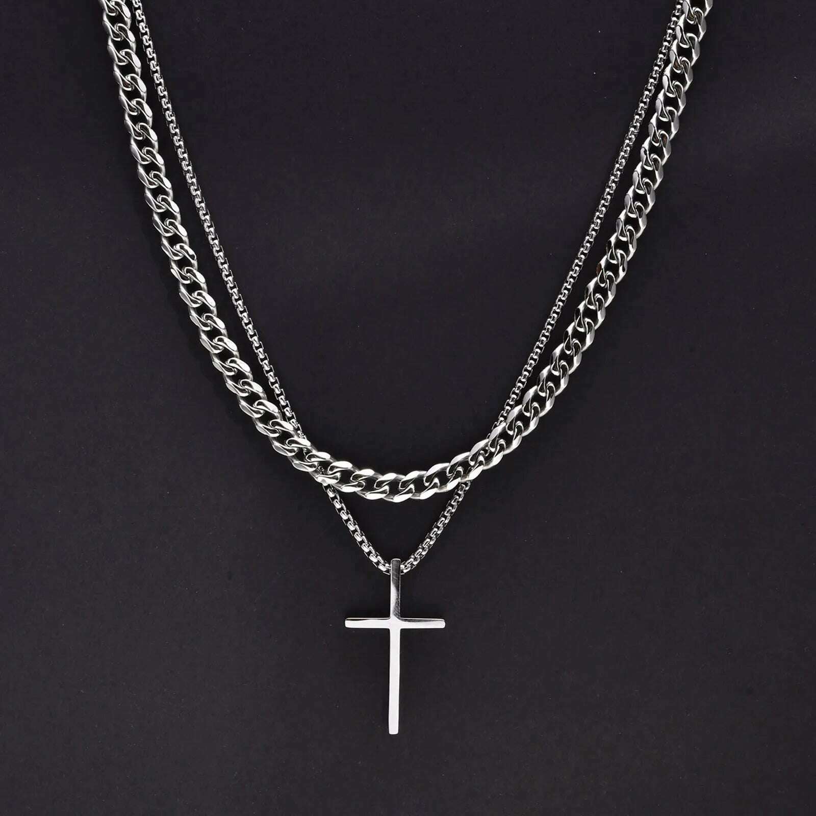KIMLUD, Vnox Mens Cross Necklaces, Stainless Steel Layered Plain Cross Pendant, Rope Box Chain Necklace, Simple Prayer Jesus Collar, NC-1035S NC-003S-55, KIMLUD Womens Clothes