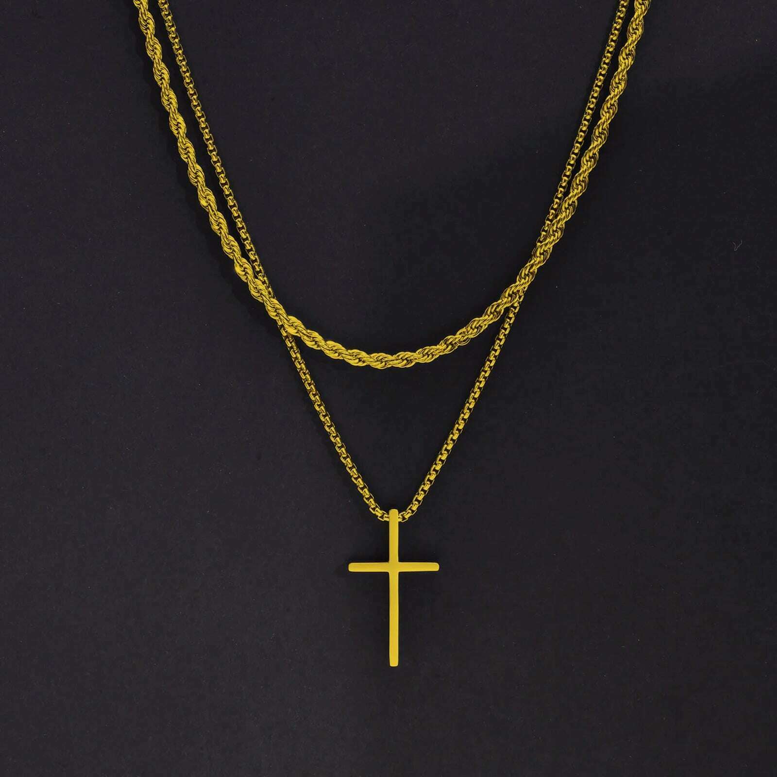 KIMLUD, Vnox Mens Cross Necklaces, Stainless Steel Layered Plain Cross Pendant, Rope Box Chain Necklace, Simple Prayer Jesus Collar, NC-1035G NC-039-55G, KIMLUD Women's Clothes
