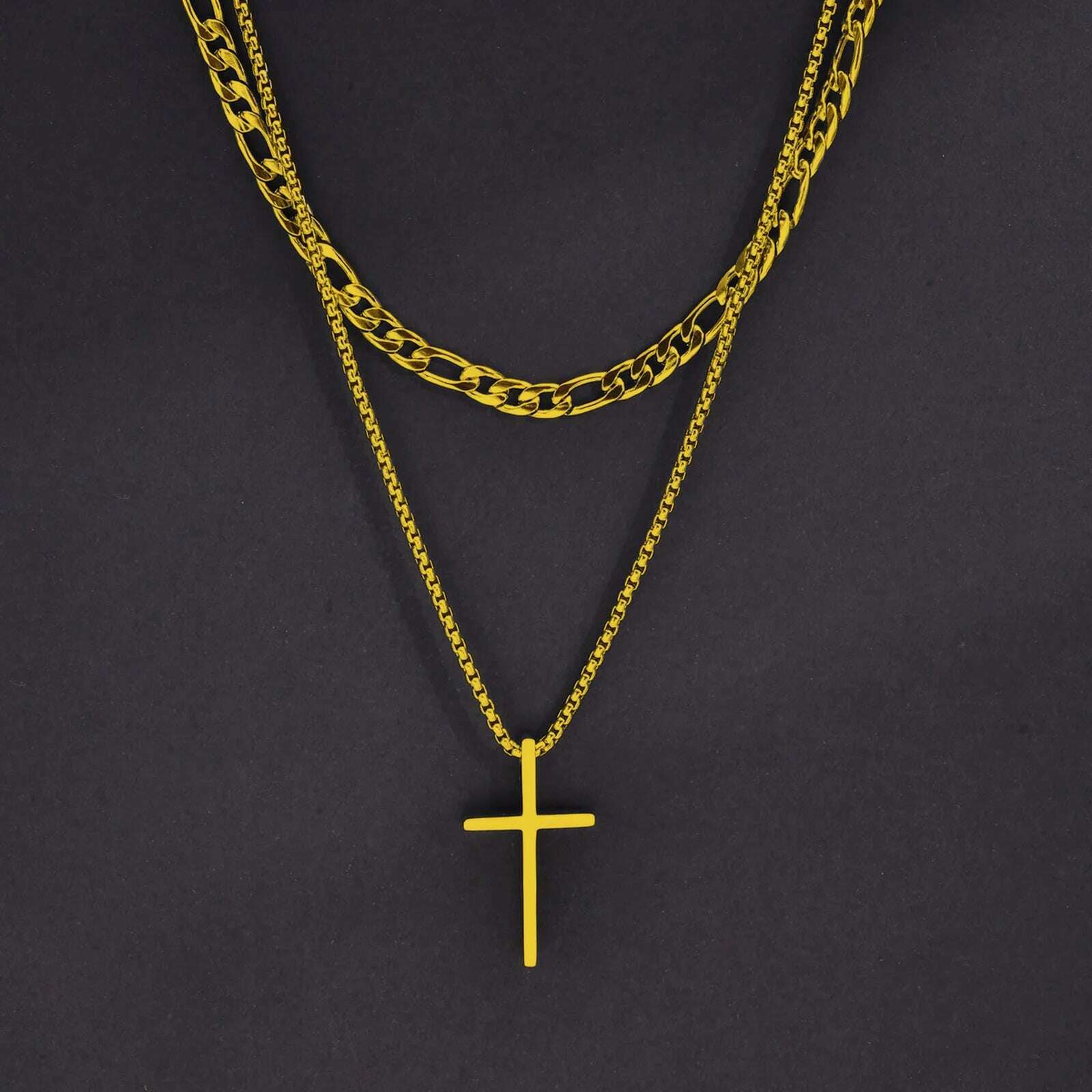 KIMLUD, Vnox Mens Cross Necklaces, Stainless Steel Layered Plain Cross Pendant, Rope Box Chain Necklace, Simple Prayer Jesus Collar, NC-1035G NC-158-50G, KIMLUD Womens Clothes