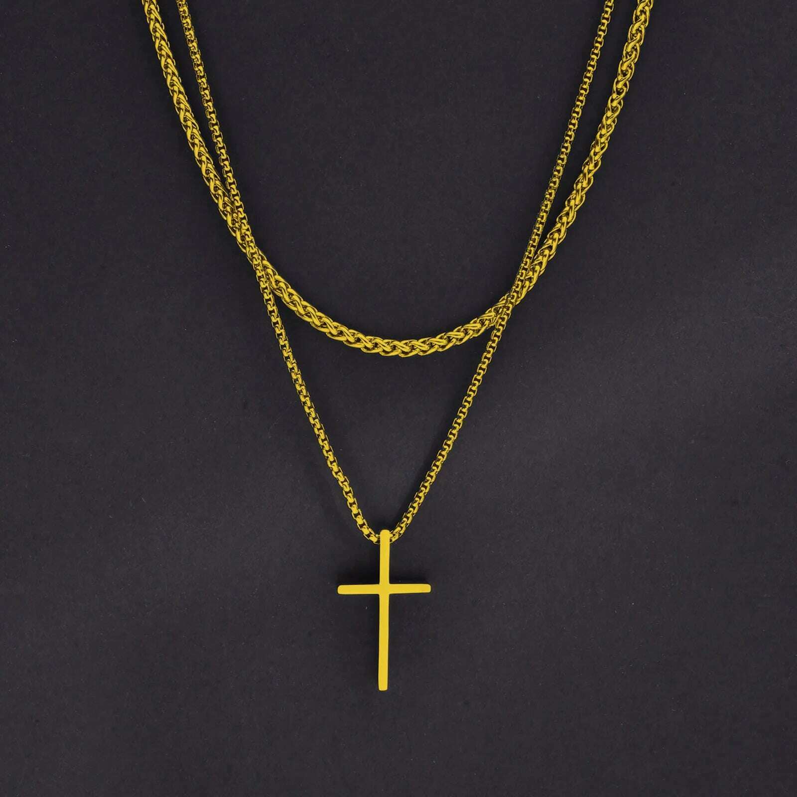 KIMLUD, Vnox Mens Cross Necklaces, Stainless Steel Layered Plain Cross Pendant, Rope Box Chain Necklace, Simple Prayer Jesus Collar, NC-1035G NC-104-50G, KIMLUD Womens Clothes