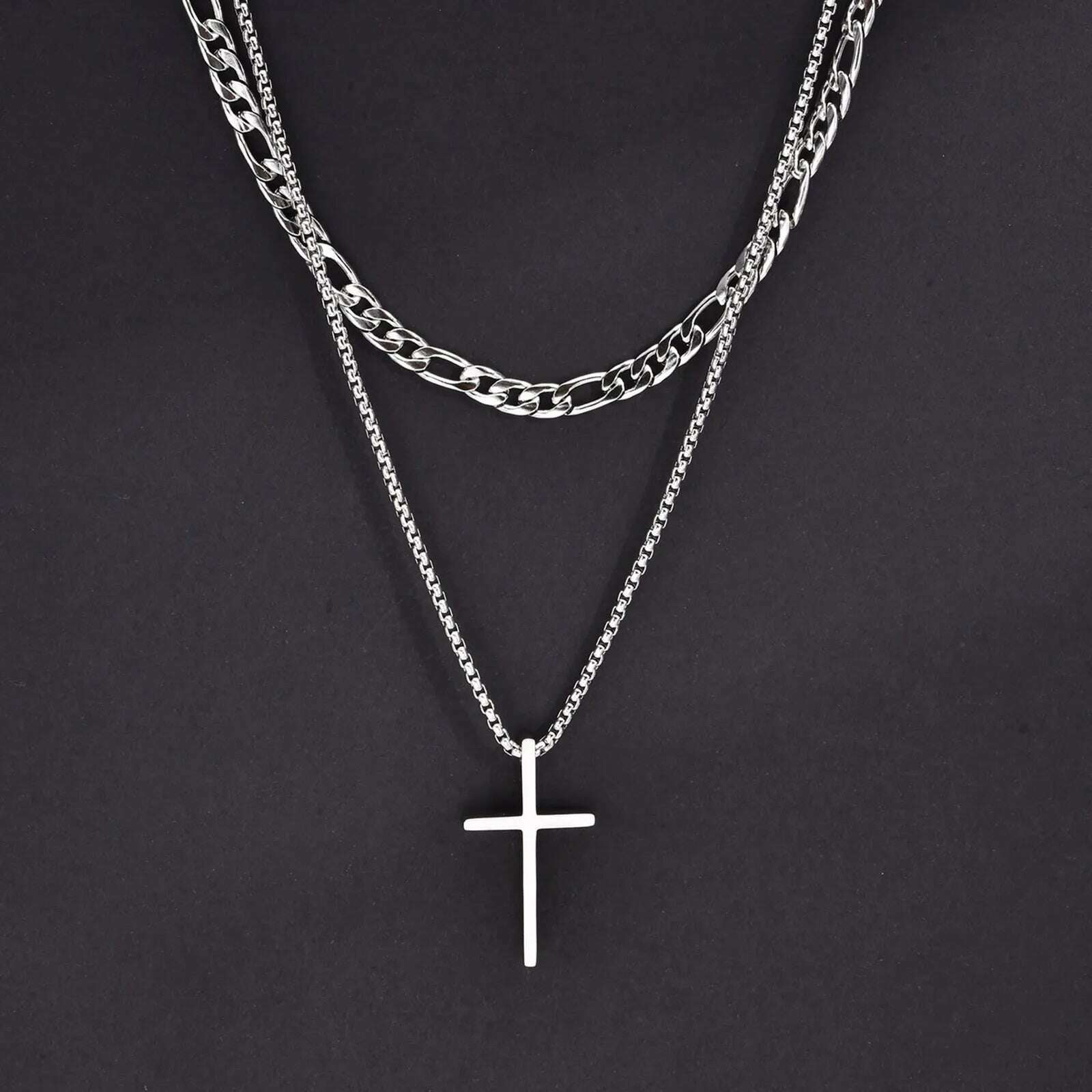 KIMLUD, Vnox Mens Cross Necklaces, Stainless Steel Layered Plain Cross Pendant, Rope Box Chain Necklace, Simple Prayer Jesus Collar, NC-1035S NC-158-50S, KIMLUD Women's Clothes