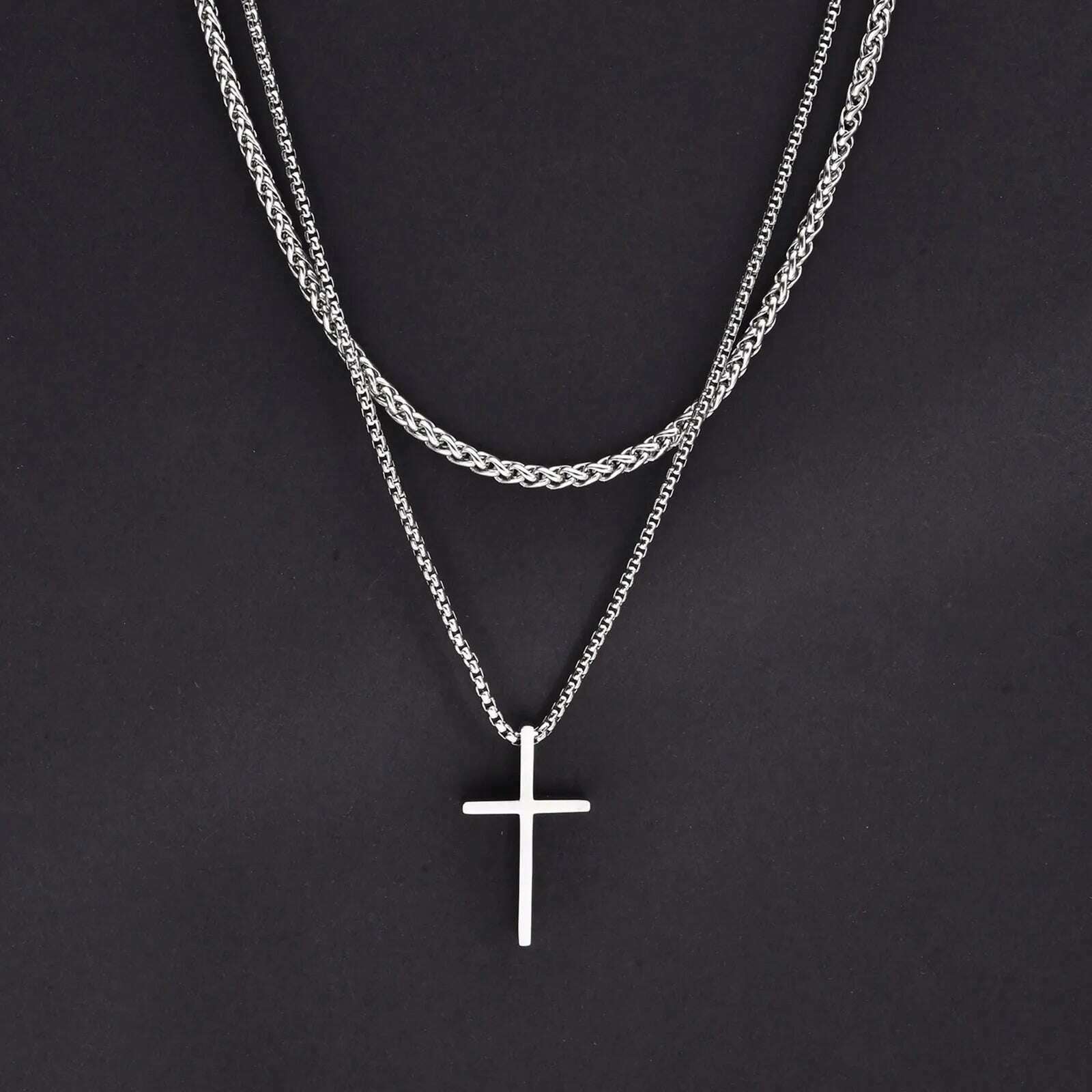 KIMLUD, Vnox Mens Cross Necklaces, Stainless Steel Layered Plain Cross Pendant, Rope Box Chain Necklace, Simple Prayer Jesus Collar, NC-1035S NC-104-50S, KIMLUD Women's Clothes