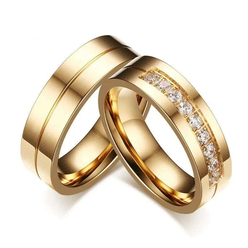 Vnox Trendy Wedding Bands Rings for Women / Men Love Gift Gold-color Stainless Steel CZ Promise Couple Jewelry - KIMLUD