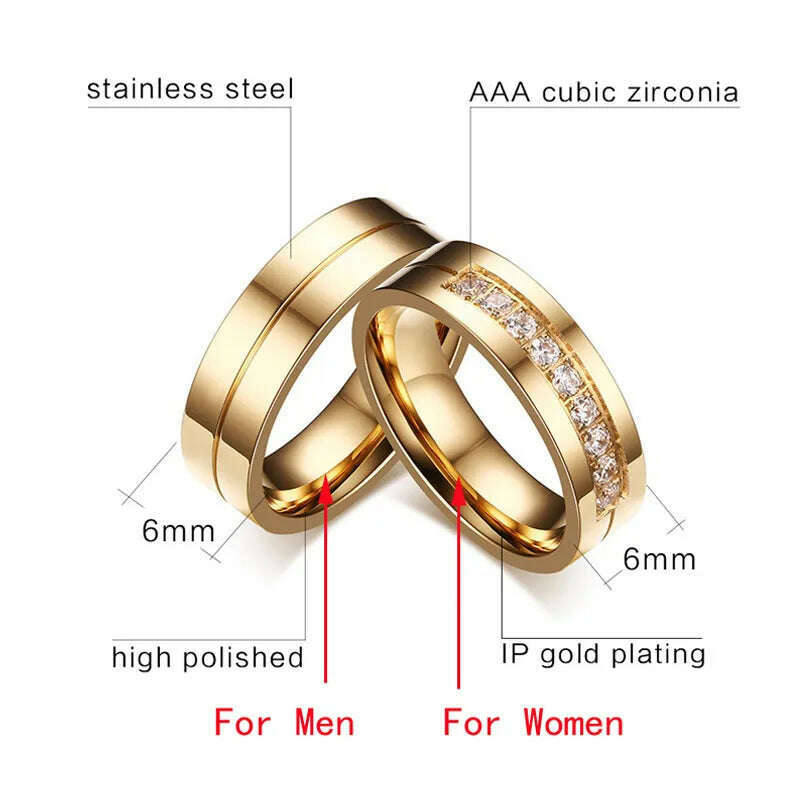 KIMLUD, Vnox Trendy Wedding Bands Rings for Women / Men Love Gift Gold-color Stainless Steel CZ Promise Couple Jewelry, KIMLUD Womens Clothes