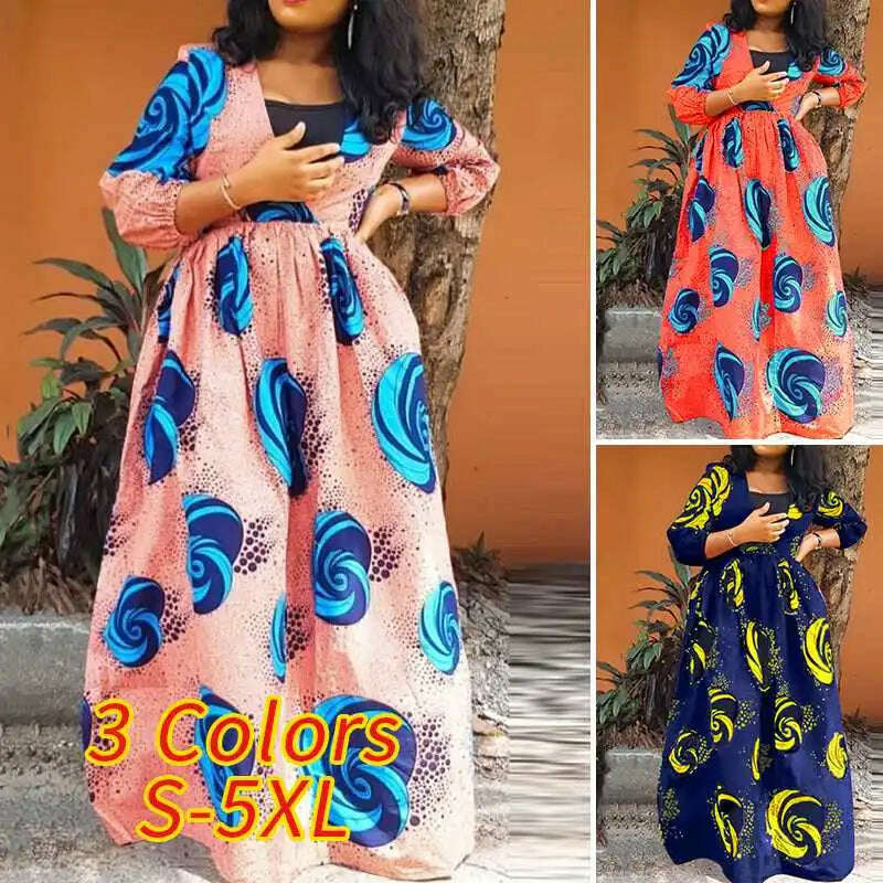 KIMLUD, VONDA Oversized Women Maxi Dress 2023 Summer Sundress Sexy V Neck Bohemian Printed Long Vestidos 3/4 Sleeve Casual Party Robe, KIMLUD Womens Clothes