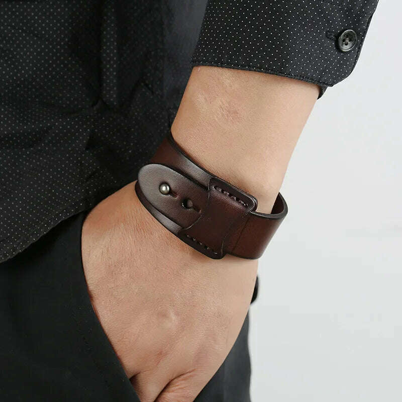 KIMLUD, VOQ Punk Geometric Design Black with Brown Genuine Leather Wristband Cuff Bracelet for Unisex Jewelry Creative Gifts pulseras, KIMLUD Womens Clothes