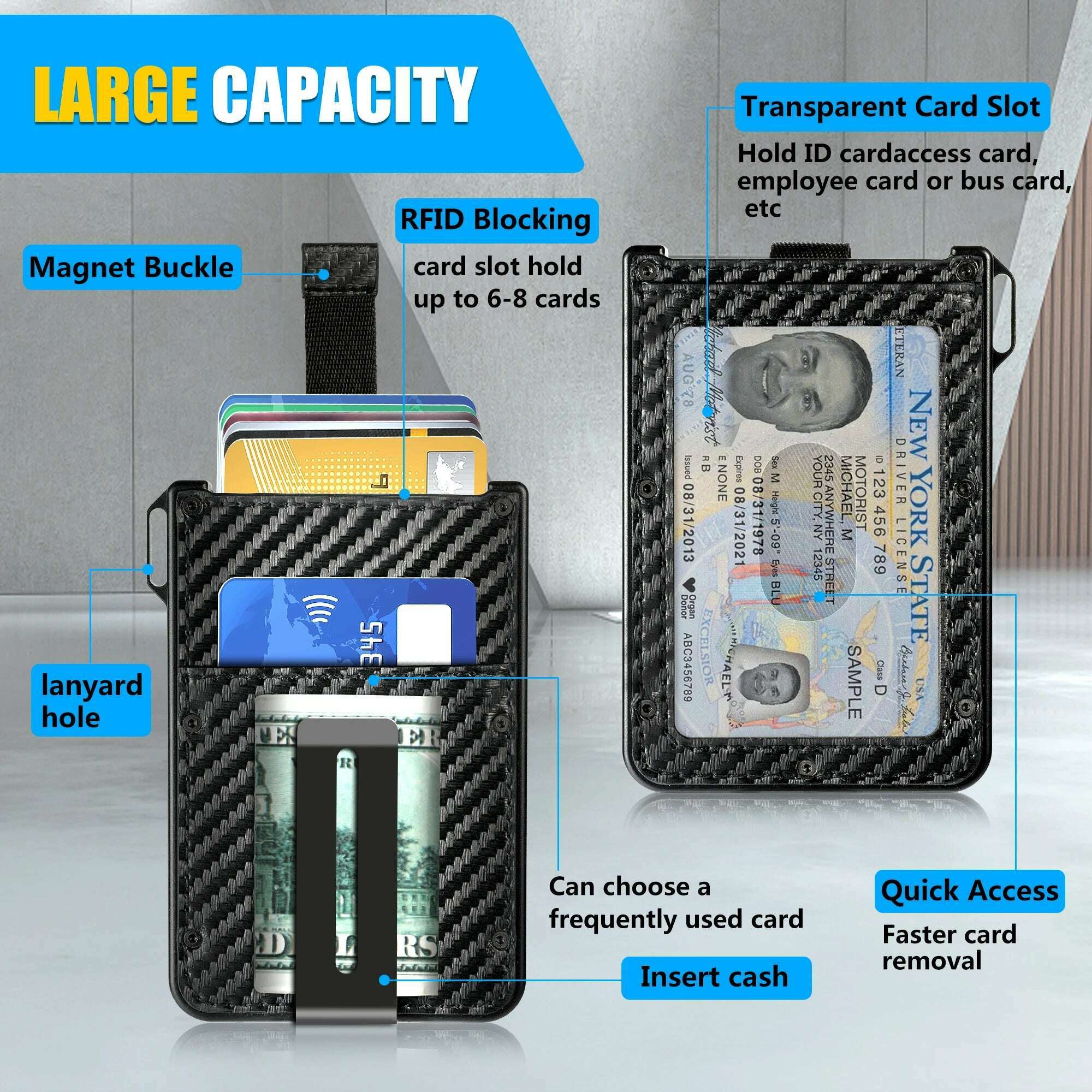 Wallet For Men - Aluminum Slim Carbon Fiber Leather Wallet，Holds up 10 Cards Card Holder with Clear ID Card Holder, Cash Clip - KIMLUD