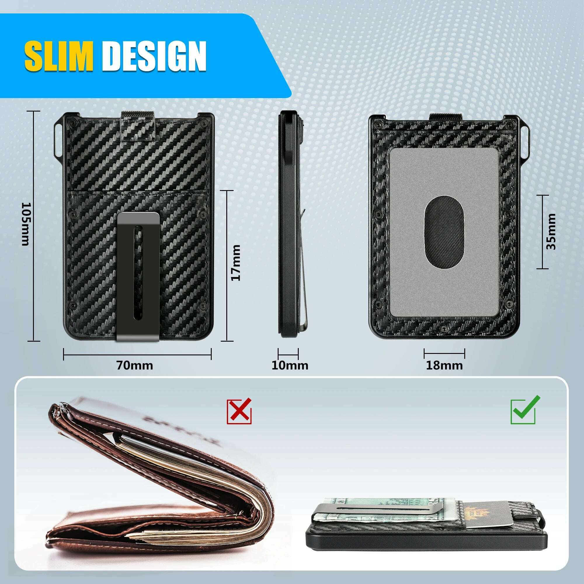 Wallet For Men - Aluminum Slim Carbon Fiber Leather Wallet，Holds up 10 Cards Card Holder with Clear ID Card Holder, Cash Clip - KIMLUD