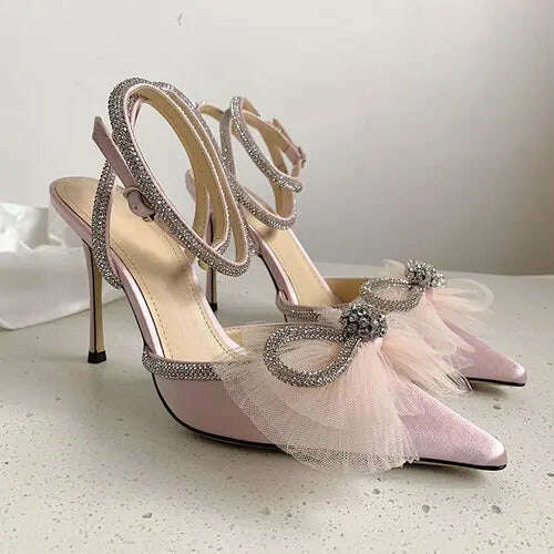 Water Diamond High Heels Women's 2023 New Bow Tie Pointed Thin Heels Wedding Shoes Sandals - KIMLUD