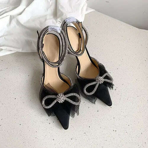 Water Diamond High Heels Women's 2023 New Bow Tie Pointed Thin Heels Wedding Shoes Sandals - KIMLUD