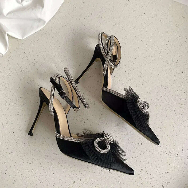 Water Diamond High Heels Women's 2023 New Bow Tie Pointed Thin Heels Wedding Shoes Sandals - KIMLUD