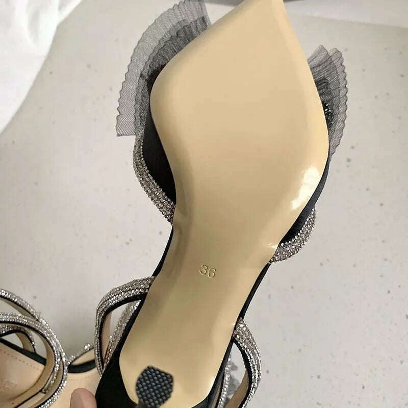 Water Diamond High Heels Women's 2023 New Bow Tie Pointed Thin Heels Wedding Shoes Sandals - KIMLUD
