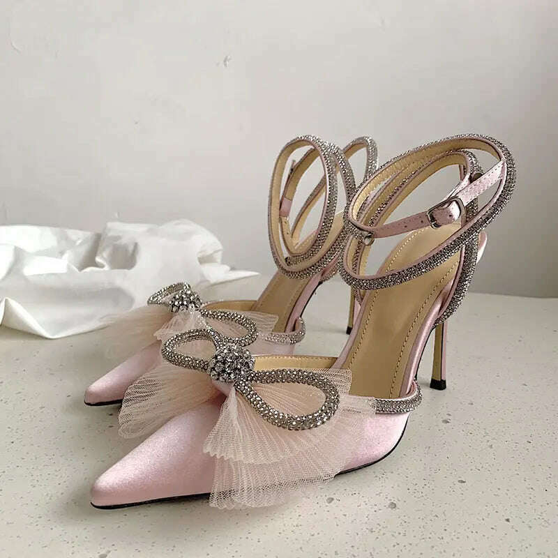 Water Diamond High Heels Women's 2023 New Bow Tie Pointed Thin Heels Wedding Shoes Sandals - KIMLUD
