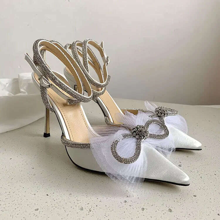 Water Diamond High Heels Women's 2023 New Bow Tie Pointed Thin Heels Wedding Shoes Sandals - KIMLUD