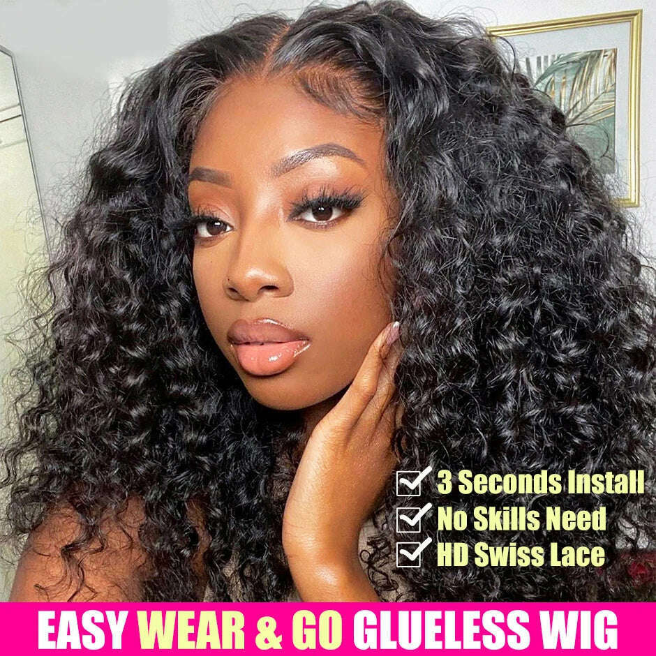 KIMLUD, Water Wave Glueless Wig Pre-Cut HD Lace Wig 180% Pre-Plucked Natural Wave Glueless Curly Human Hair Wigs For Women, Glueless Wig / 18inches, KIMLUD Womens Clothes