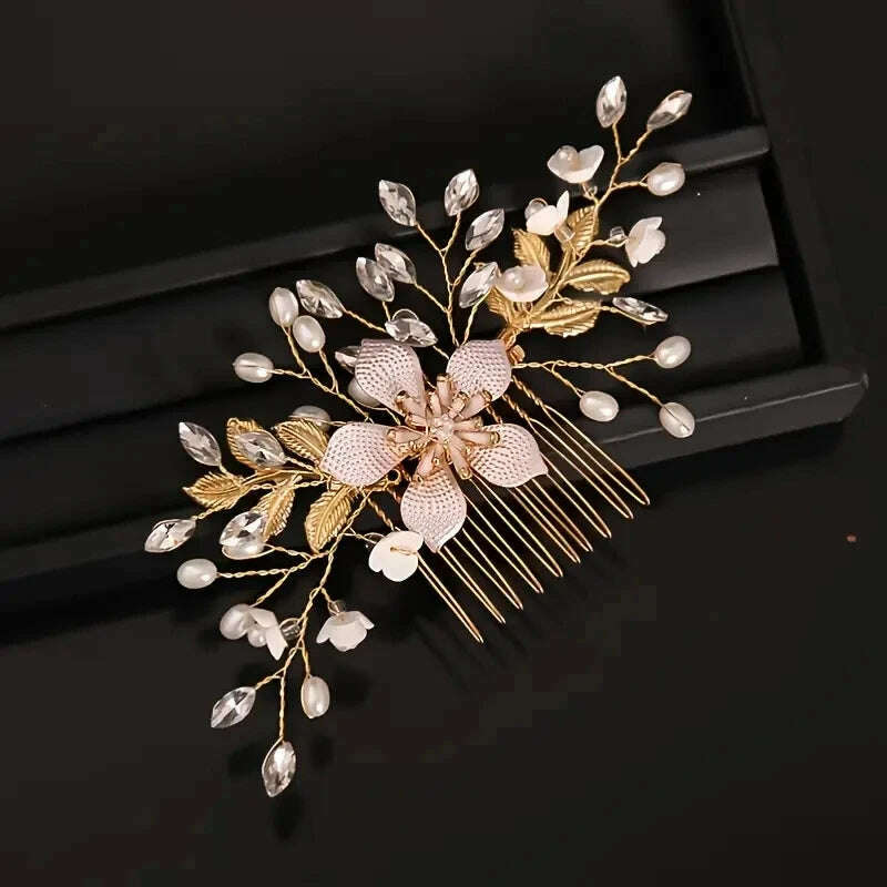 KIMLUD, Wedding Bridal Wreath Comb Pearl Gold Long Hair Vine Hair Accessory Flower Rhinestone Handmade Tiara Headpiece, KIMLUD Womens Clothes