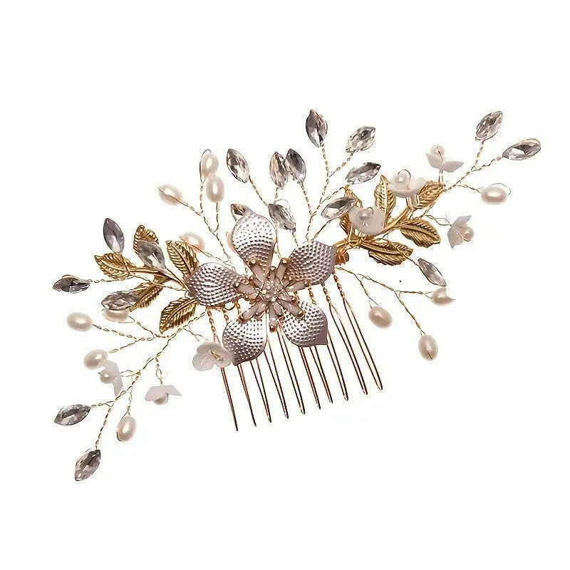 KIMLUD, Wedding Bridal Wreath Comb Pearl Gold Long Hair Vine Hair Accessory Flower Rhinestone Handmade Tiara Headpiece, KIMLUD Womens Clothes