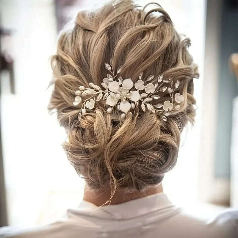 KIMLUD, Wedding Bridal Wreath Comb Pearl Gold Long Hair Vine Hair Accessory Flower Rhinestone Handmade Tiara Headpiece, KIMLUD Womens Clothes
