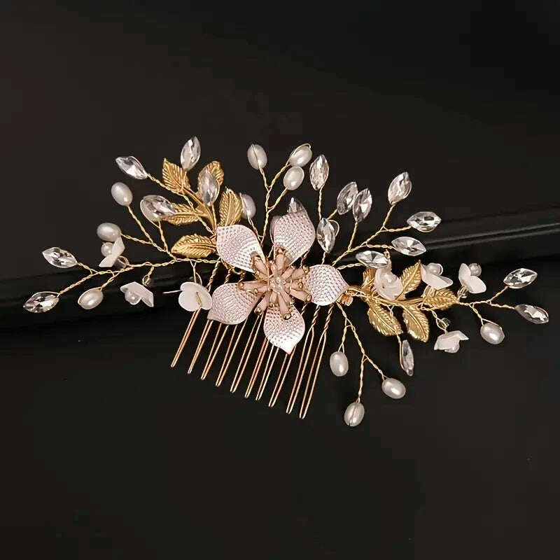 KIMLUD, Wedding Bridal Wreath Comb Pearl Gold Long Hair Vine Hair Accessory Flower Rhinestone Handmade Tiara Headpiece, Gold, KIMLUD Womens Clothes