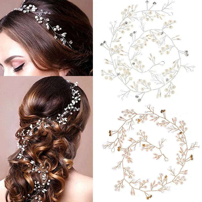 KIMLUD, Wedding Crystal Pearl Headband Bridal Vine Hair Accessories Crown Headpiece Women Hair Belt Ornaments Handmade Headdress Jewelry, KIMLUD Womens Clothes