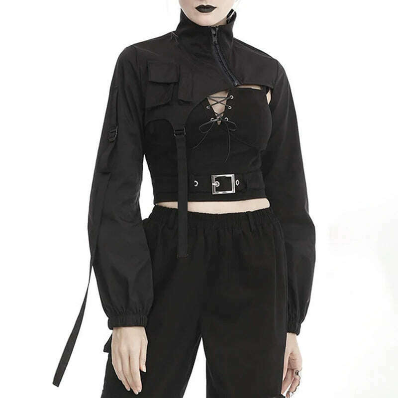 KIMLUD, Weekeep Punk Style Cargo Jacket Chic Pocket Stitched Full Sleeve Black  Zip Up Turtleneck Coat y2k Streetwear Women Goth Outfits, KIMLUD Womens Clothes
