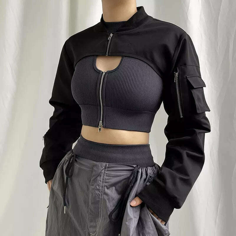 Weekeep Punk Style Super Cropped Jacket Zip Up Pocket Patchwork Cargo Jackets Women Outfits Streetwear Black Coat Korean Fashion - KIMLUD
