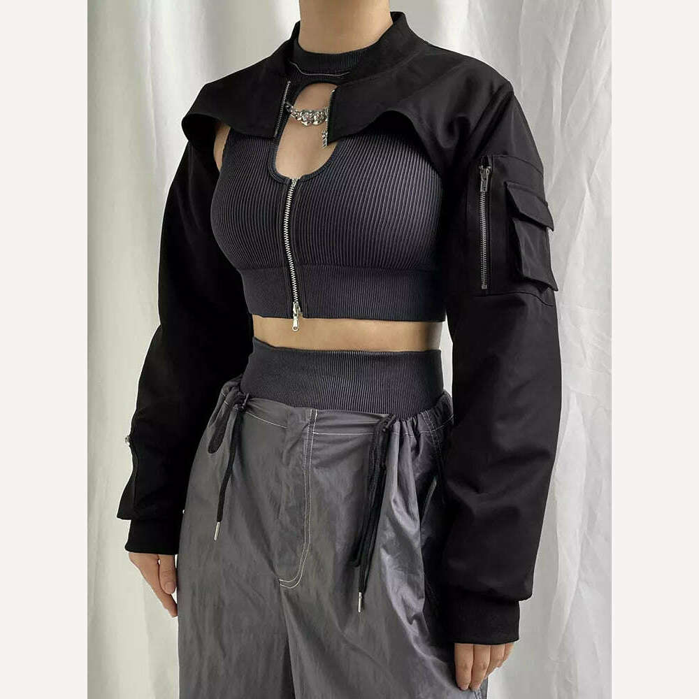 Weekeep Punk Style Super Cropped Jacket Zip Up Pocket Patchwork Cargo Jackets Women Outfits Streetwear Black Coat Korean Fashion, KIMLUD Women's Clothes