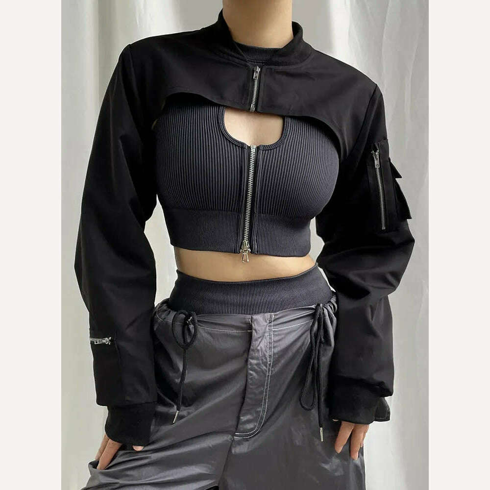 KIMLUD, Weekeep Punk Style Super Cropped Jacket Zip Up Pocket Patchwork Cargo Jackets Women Outfits Streetwear Black Coat Korean Fashion, KIMLUD Women's Clothes