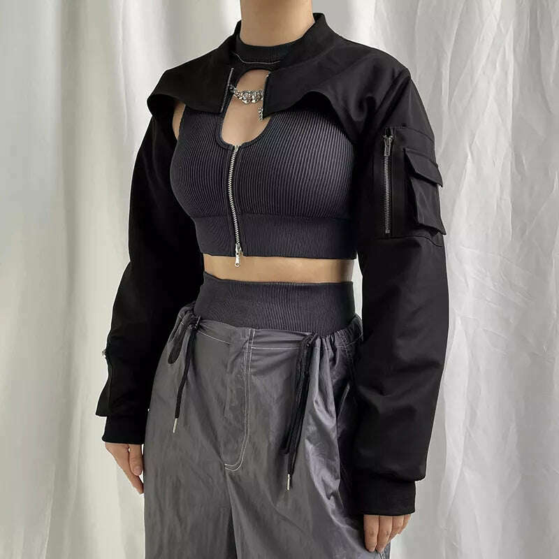 KIMLUD, Weekeep Punk Style Super Cropped Jacket Zip Up Pocket Patchwork Cargo Jackets Women Outfits Streetwear Black Coat Korean Fashion, KIMLUD Women's Clothes