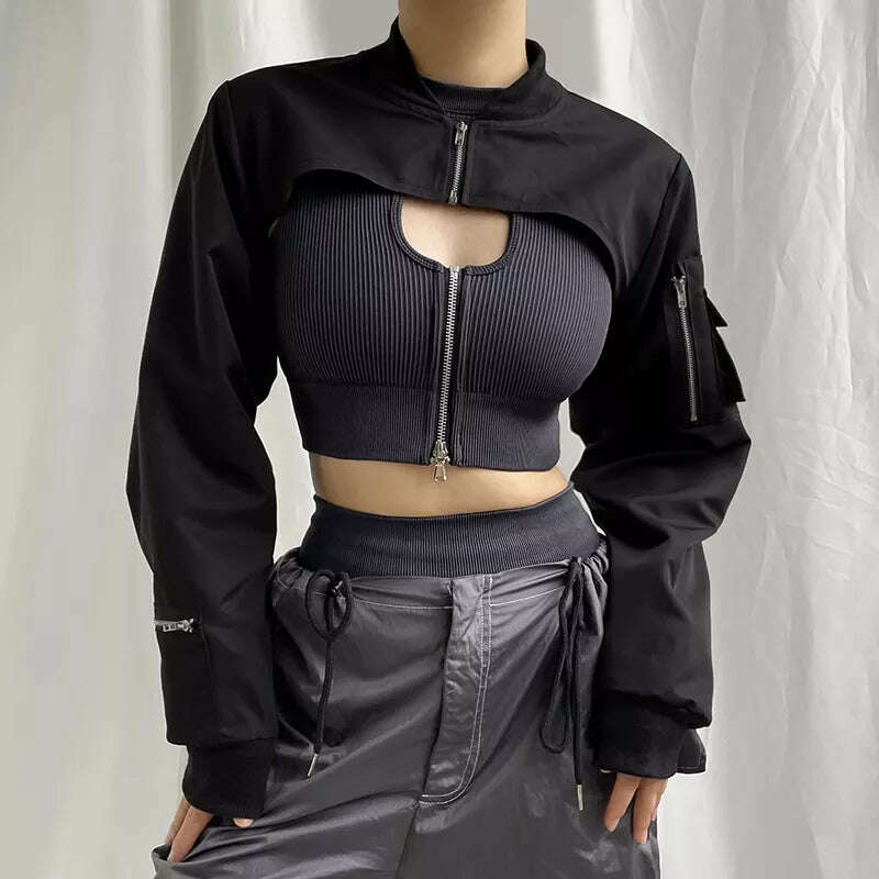KIMLUD, Weekeep Punk Style Super Cropped Jacket Zip Up Pocket Patchwork Cargo Jackets Women Outfits Streetwear Black Coat Korean Fashion, KIMLUD Womens Clothes