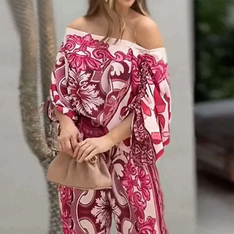 KIMLUD, Wefads Women Two Piece Set Casual Fashion Printed One Shoulder Drawstring Shirring Ioose Top With Pocket Wide Leg Pants Set, KIMLUD Womens Clothes