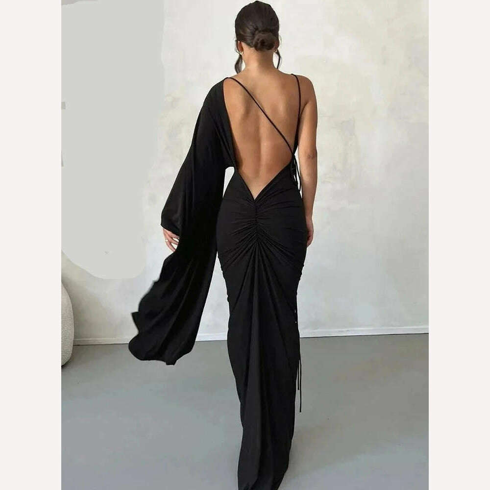 KIMLUD, Weird Puss Backless Bandage Women Hip Dress v Neck One Shoulder Ruffles Bodycon 2023 Ladies Fashion Party Stage Performance Wear, black / S, KIMLUD Womens Clothes