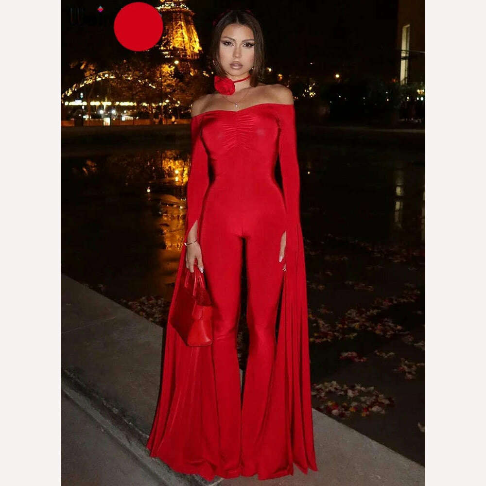 KIMLUD, Weird Puss Elegant Women Jumpsuit Slash Neck Ruched Christmas Fashion Skinny Long Sleeve Solid Hipster Chic Workout Overalls, Red / S, KIMLUD Women's Clothes