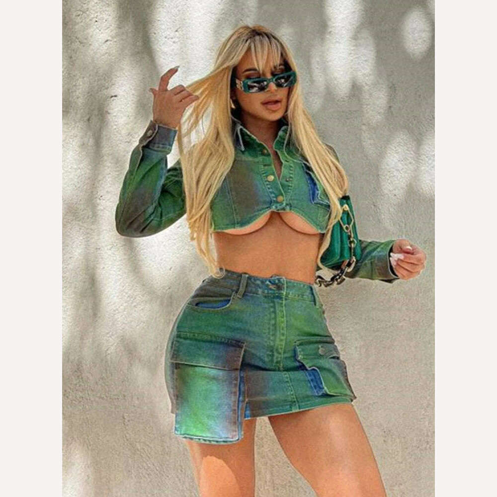 KIMLUD, Weird Puss Hand-Printed Women 2Piece Set Polo Neck Single-Breasted Crop Tops+Side Pockets Mini Skirt Streetwear Matching Suits, green / L, KIMLUD Women's Clothes