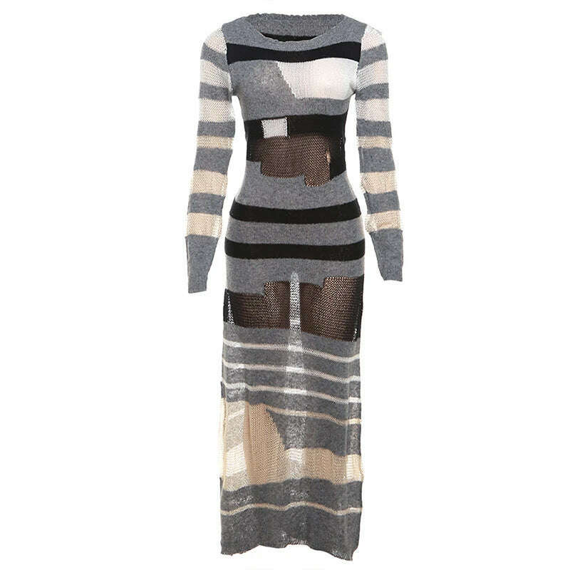 KIMLUD, Weird Puss Knit See Through Dress Women Stripe Patchwork Long Sleeve o-Neck Maxi Bodycon Stretch Skinny Sexy Midnight Vestidos, GRAY / S, KIMLUD Womens Clothes