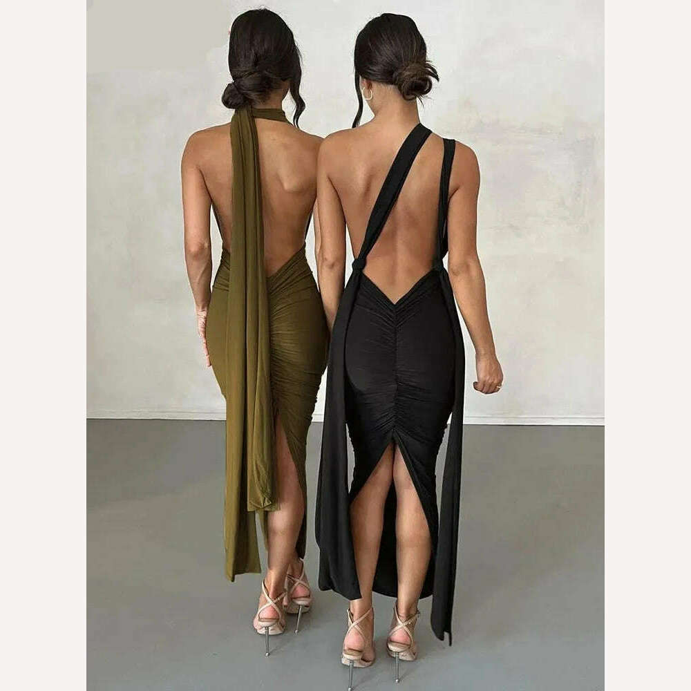 Weird Puss Ruched Backless Women Peach Hip Dress Back Split Sleeveless V Neck Sexy Skinny Evening Party Prom Bodycon Vestidos, KIMLUD Women's Clothes