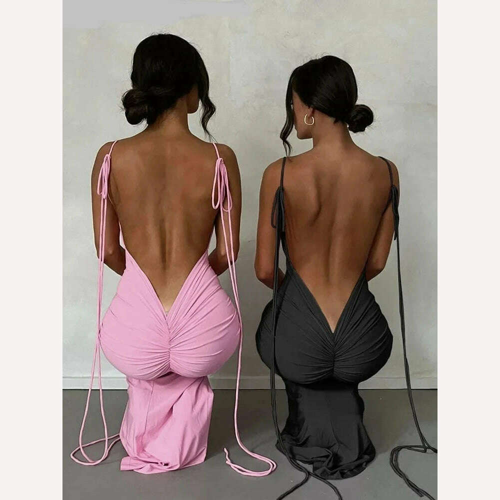 KIMLUD, Weird Puss Skinny Backless Women Maxi Dress Ruched Sleeveless Bandage Peach Hip Bodycon Elastic Solid Sexy Prom Party Vestidos, KIMLUD Women's Clothes