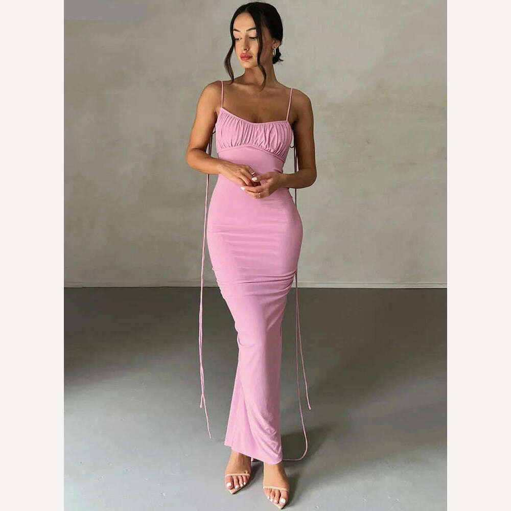 KIMLUD, Weird Puss Skinny Backless Women Maxi Dress Ruched Sleeveless Bandage Peach Hip Bodycon Elastic Solid Sexy Prom Party Vestidos, KIMLUD Womens Clothes