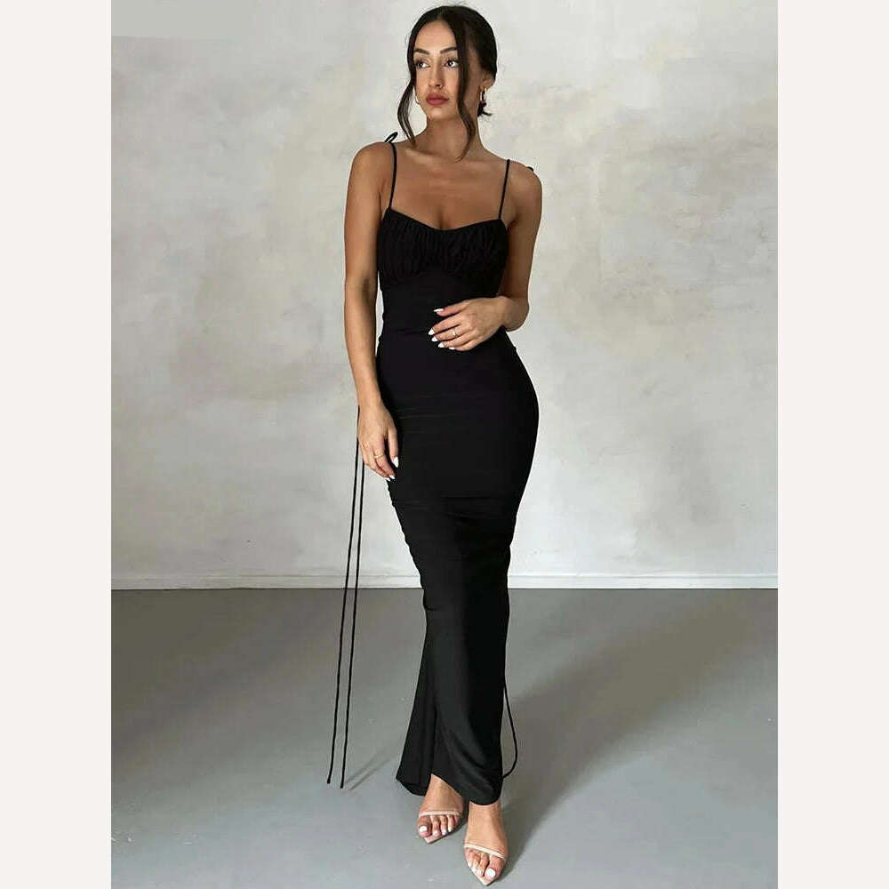 KIMLUD, Weird Puss Skinny Backless Women Maxi Dress Ruched Sleeveless Bandage Peach Hip Bodycon Elastic Solid Sexy Prom Party Vestidos, black / S, KIMLUD APPAREL - Womens Clothes