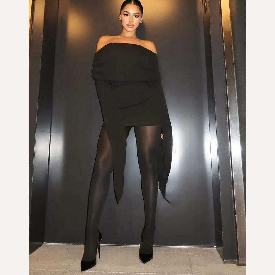 KIMLUD, Weird Puss Slash Neck Women Dress Sheath Off Shoulder Full Sleeve Tassel Skinny Stretch Mini Bodycon Sexy Nightout Clubwear Robe, KIMLUD Womens Clothes
