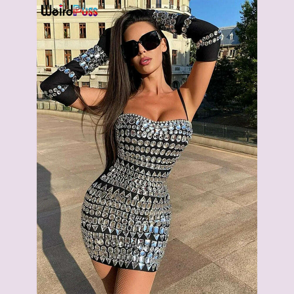 KIMLUD, Weird Puss Sling Straps Women Dress Contrast Color Print Sleeveless Slim Fit Mini Bodycon Sexy Midnight Clubwear Streetwear Robe, black / M, KIMLUD APPAREL - Womens Clothes