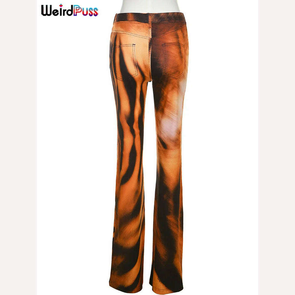 KIMLUD, Weird Puss Tiger Print Flare Pants Women 2023 Y2K Summer Trend Skinny Elastic Wild Casual Streetwear Basic High Waist Trousers, KIMLUD Women's Clothes