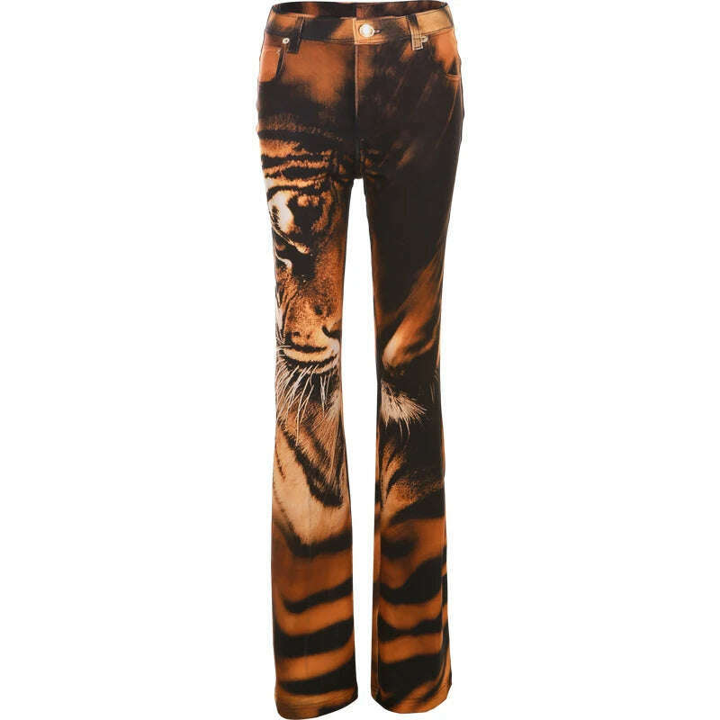 KIMLUD, Weird Puss Tiger Print Flare Pants Women 2023 Y2K Summer Trend Skinny Elastic Wild Casual Streetwear Basic High Waist Trousers, TN / S, KIMLUD Women's Clothes