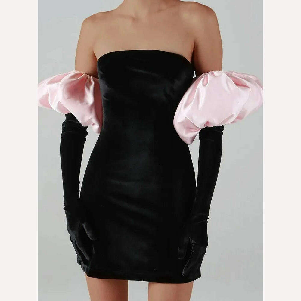 KIMLUD, Weird Puss Women Strapless Velvet Dress Elastic Bodycon With  Clouds Gloves Birthday Vacation Party French Romantics Streetwear, KIMLUD Womens Clothes