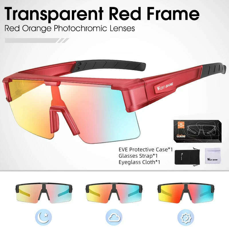 KIMLUD, WEST BIKING Photochromic Cycling Glasses Fit Over Myopic Sunglasses UV 400 Polarized Glasses Driving Fishing Eyewear Goggles, Red Orange Red, KIMLUD APPAREL - Womens Clothes