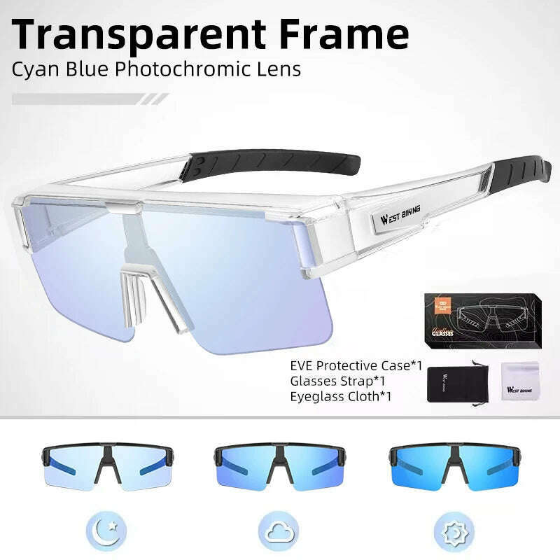 KIMLUD, WEST BIKING Photochromic Cycling Glasses Fit Over Myopic Sunglasses UV 400 Polarized Glasses Driving Fishing Eyewear Goggles, Cyan Blue Clear, KIMLUD APPAREL - Womens Clothes