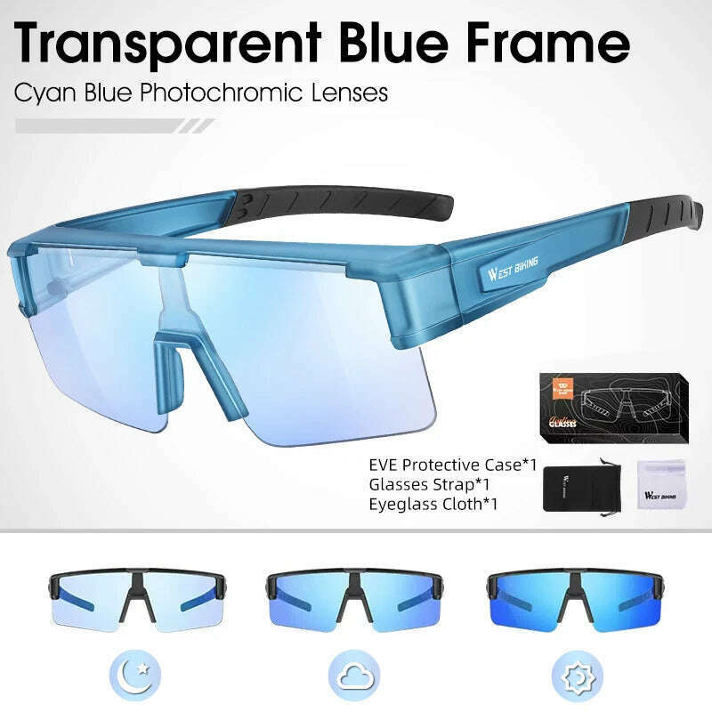 KIMLUD, WEST BIKING Photochromic Cycling Glasses Fit Over Myopic Sunglasses UV 400 Polarized Glasses Driving Fishing Eyewear Goggles, Cyan Blue Blue, KIMLUD APPAREL - Womens Clothes
