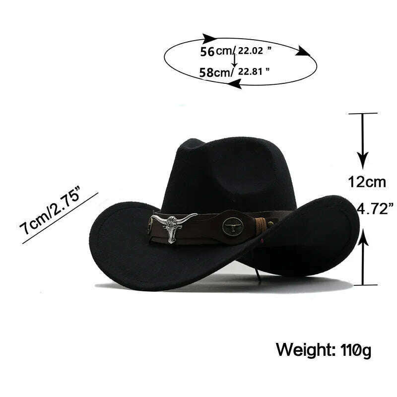 KIMLUD, West cowboy hat Chapeu black wool man Wome hat Hombre Jazz hat Cowgirl large hat for men sombreros 56-58Cm, KIMLUD Womens Clothes