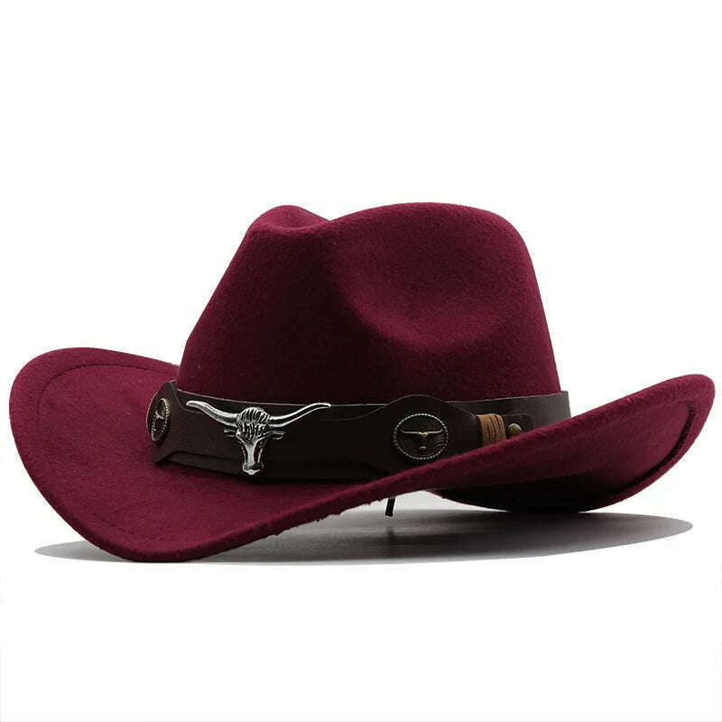 KIMLUD, West cowboy hat Chapeu black wool man Wome hat Hombre Jazz hat Cowgirl large hat for men sombreros 56-58Cm, JXF-549 wine / 56-58CM, KIMLUD APPAREL - Womens Clothes